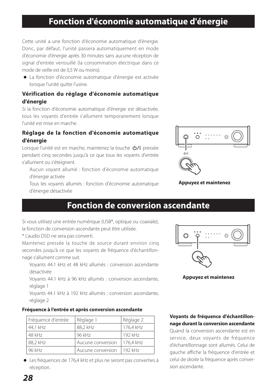 Fonction d'économie automatique d'énergie, Fonction de conversion ascendante | Teac UD-301 User Manual | Page 28 / 48