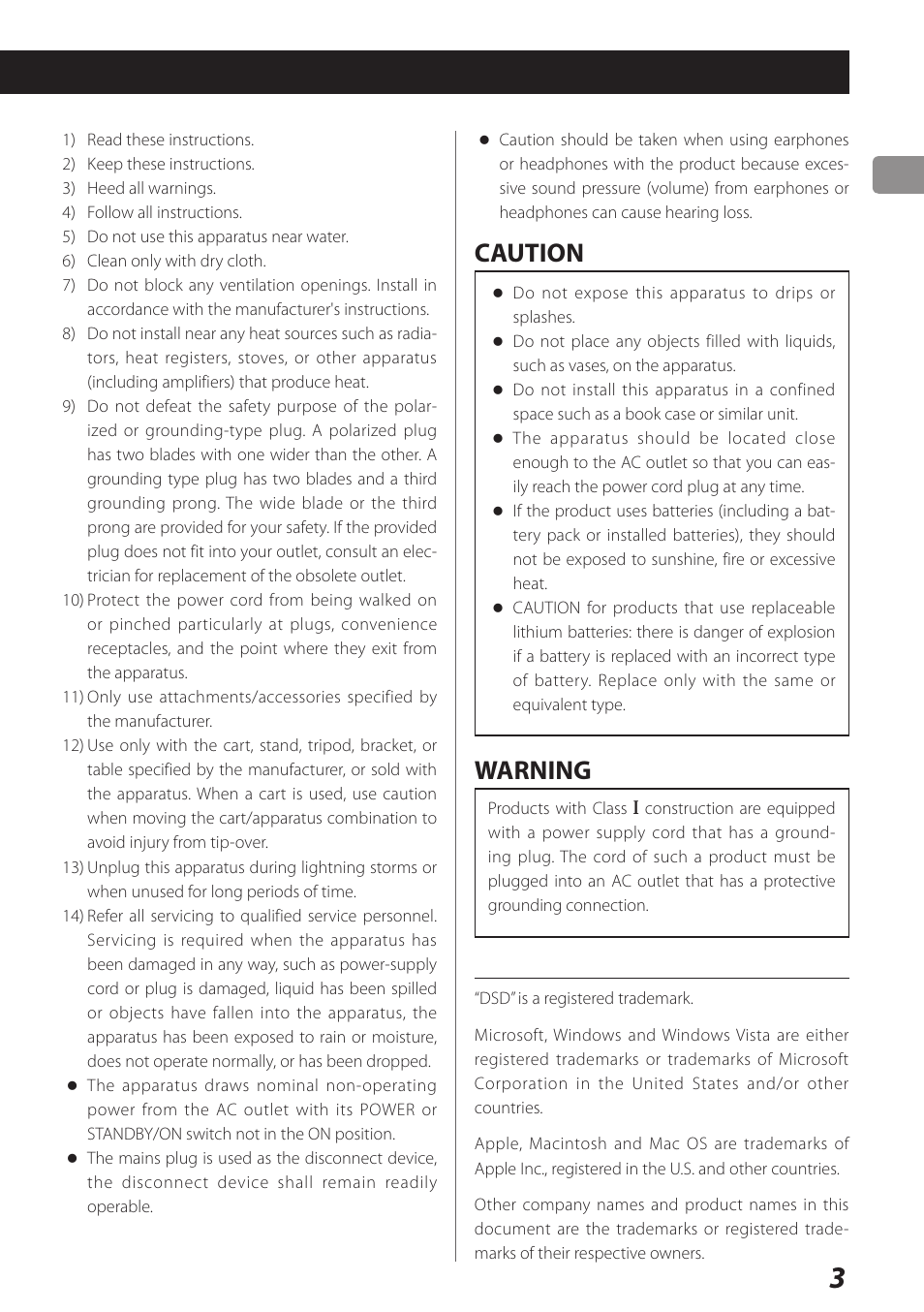 Caution, Warning | Teac UD-301 User Manual | Page 3 / 48