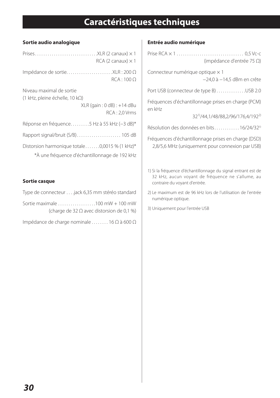 Caractéristiques techniques | Teac UD-301 User Manual | Page 30 / 48