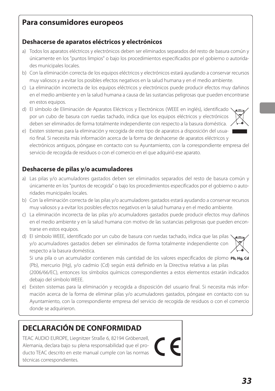 Para consumidores europeos, Declaración de conformidad | Teac UD-301 User Manual | Page 33 / 48