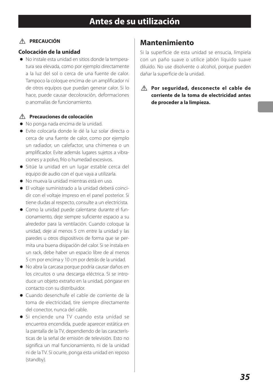 Antes de su utilización, Mantenimiento | Teac UD-301 User Manual | Page 35 / 48