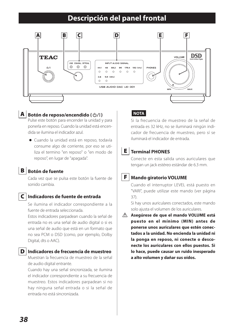 Descripción del panel frontal, 38 descripción del panel frontal | Teac UD-301 User Manual | Page 38 / 48