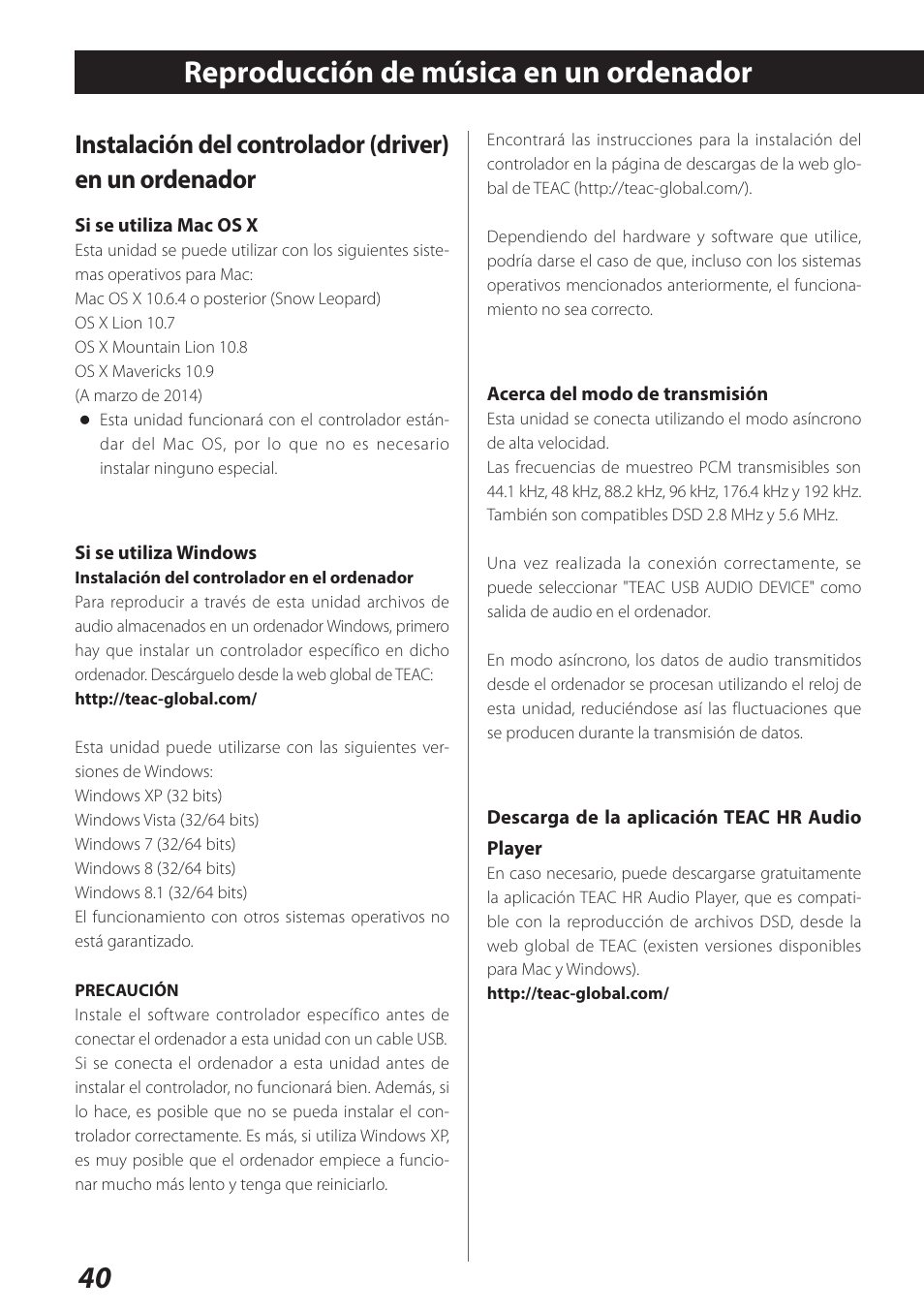 Reproducción de música en un ordenador, 40 reproducción de música en un ordenador | Teac UD-301 User Manual | Page 40 / 48