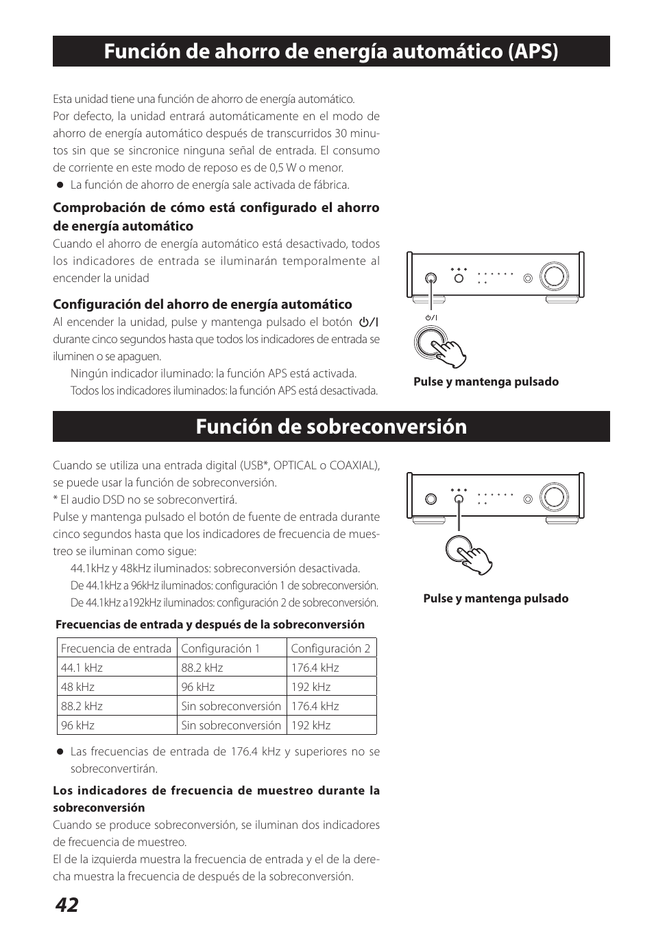 Función de ahorro de energía automático (aps), Función de sobreconversión | Teac UD-301 User Manual | Page 42 / 48