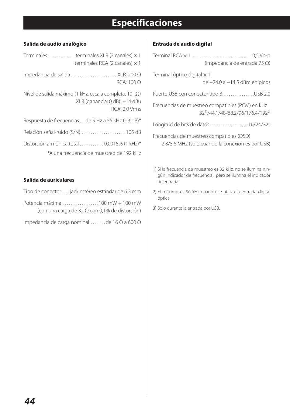 Especificaciones | Teac UD-301 User Manual | Page 44 / 48