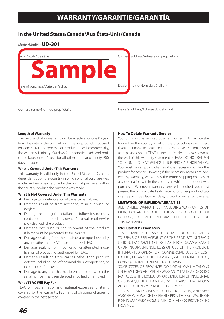 Warranty/garantie/garantía, 46 warranty/garantie/garantía, Ud-301 | Teac UD-301 User Manual | Page 46 / 48