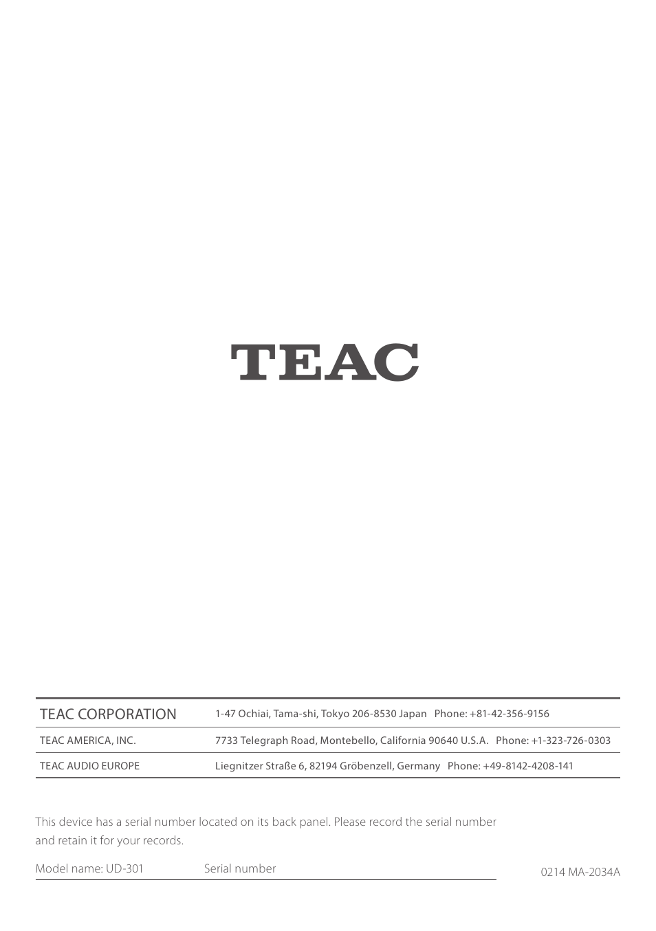 Teac UD-301 User Manual | Page 48 / 48