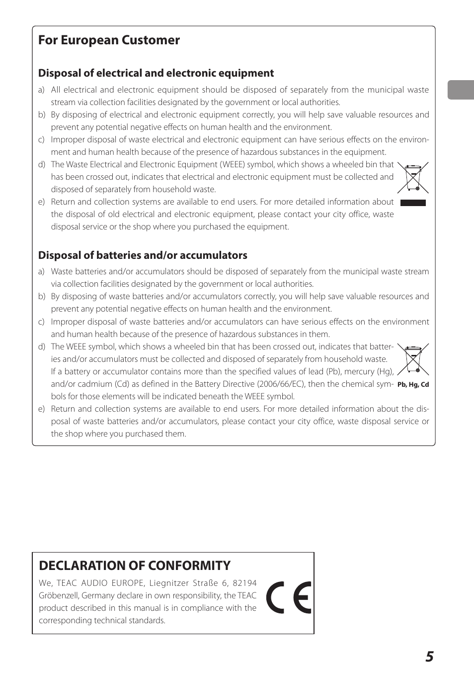 For european customer, Declaration of conformity | Teac UD-301 User Manual | Page 5 / 48