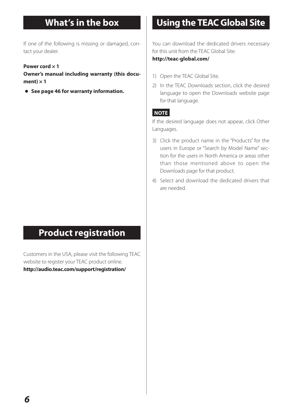 What’s in the box, Product registration, Using the teac global site | 6what’s in the box | Teac UD-301 User Manual | Page 6 / 48