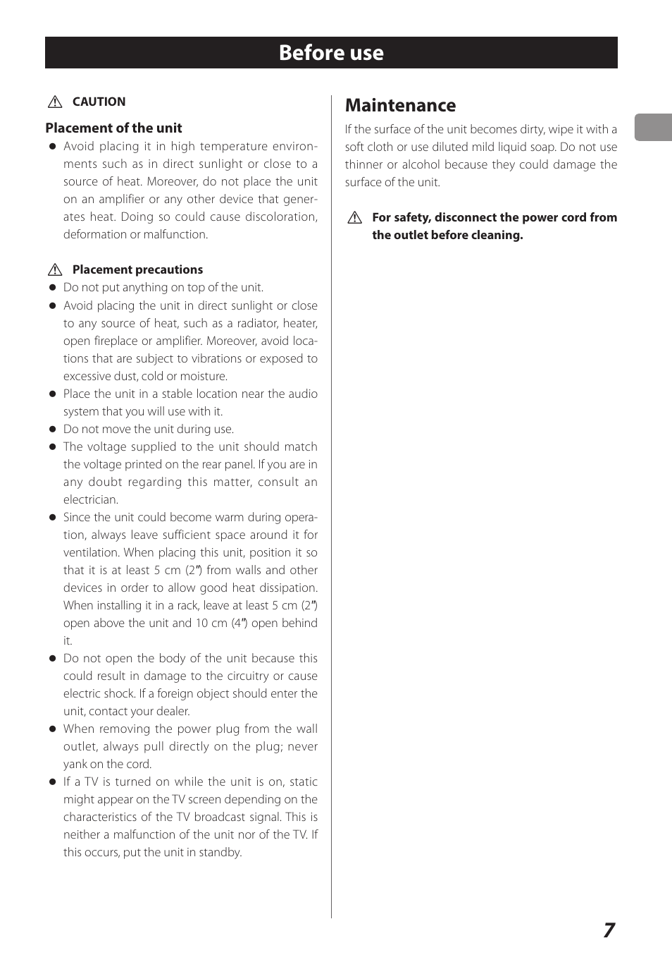 Before use, Maintenance | Teac UD-301 User Manual | Page 7 / 48