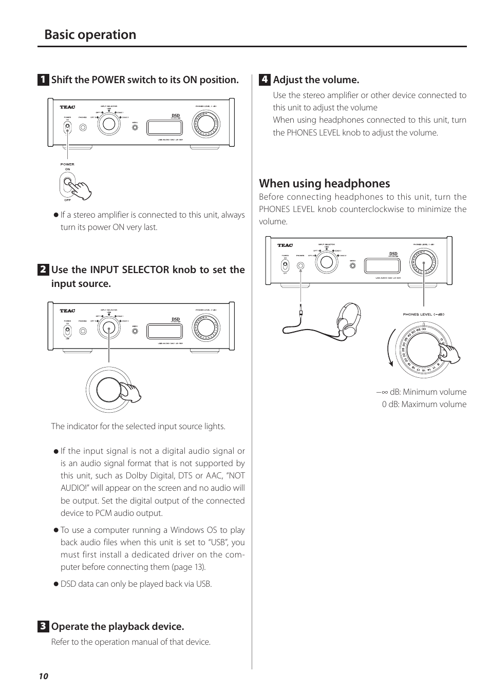 Basic operation, When using headphones | Teac UD-501 User Manual | Page 10 / 60