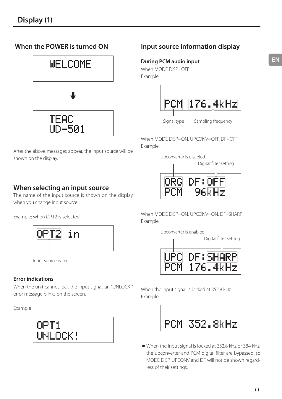 Display, Display (1), When the power is turned on | When selecting an input source, Input source information display | Teac UD-501 User Manual | Page 11 / 60