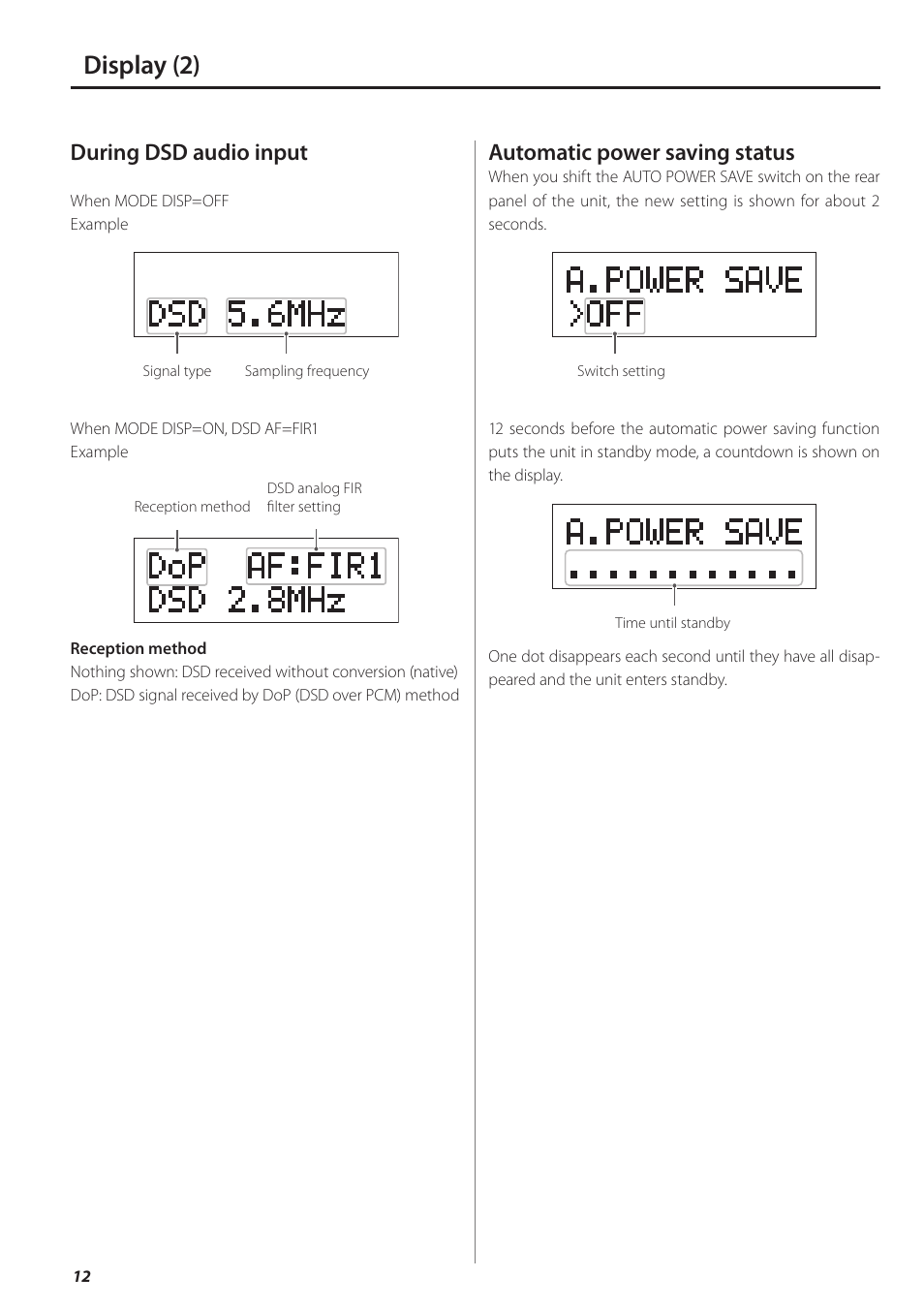 Display (2), During dsd audio input, Automatic power saving status | Teac UD-501 User Manual | Page 12 / 60