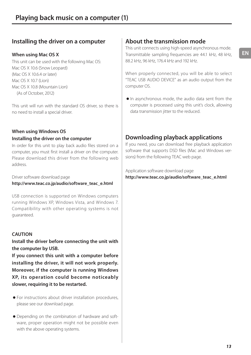 Playing back music on a computer, Playing back music on a computer (1), Installing the driver on a computer | About the transmission mode, Downloading playback applications | Teac UD-501 User Manual | Page 13 / 60