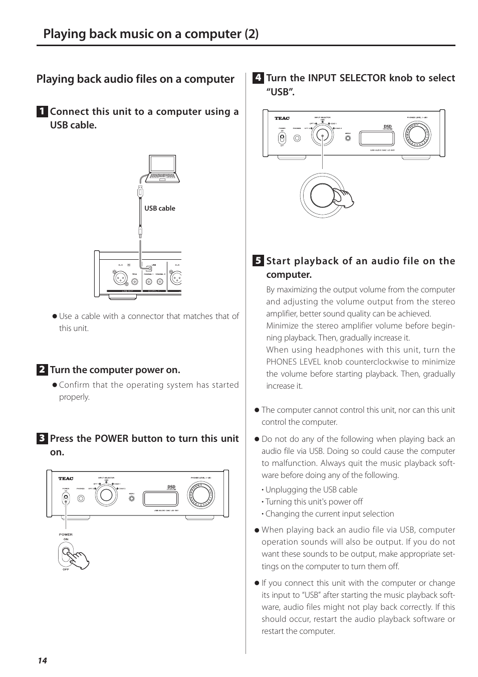 Playing back music on a computer (2), Playing back audio files on a computer | Teac UD-501 User Manual | Page 14 / 60