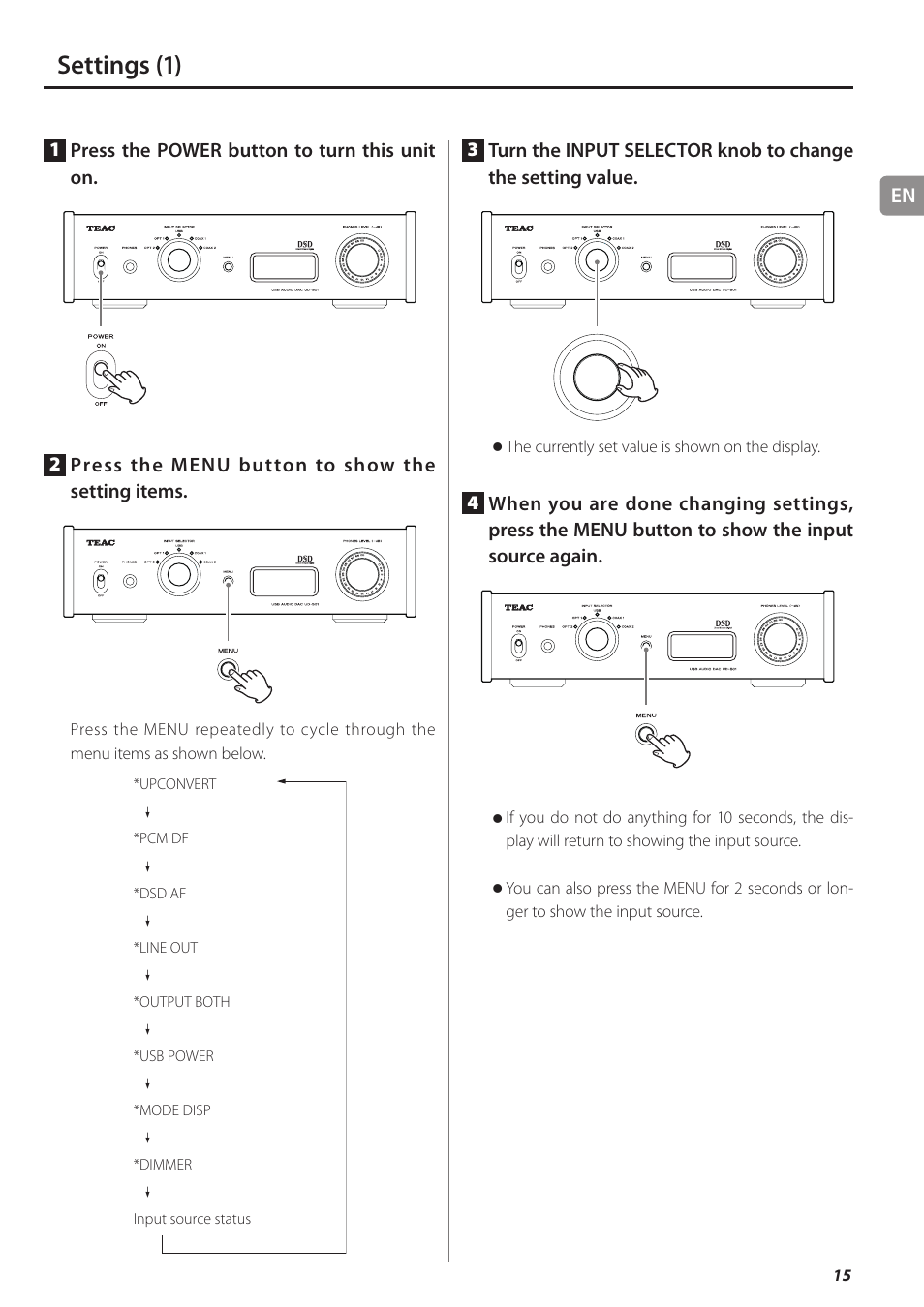 Settings, Settings (1) | Teac UD-501 User Manual | Page 15 / 60