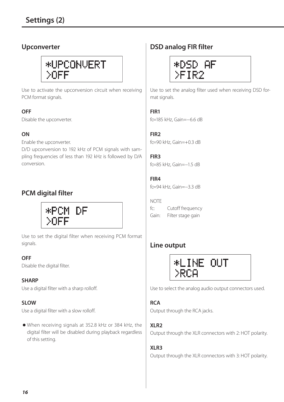 Settings (2), Upconverter, Pcm digital filter | Dsd analog fir filter, Line output | Teac UD-501 User Manual | Page 16 / 60