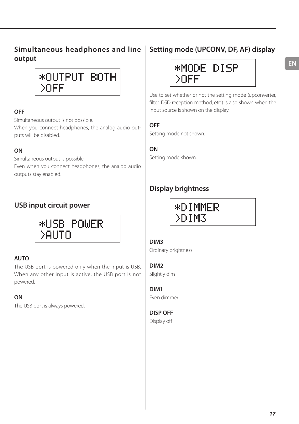 Simultaneous headphones and line output, Usb input circuit power, Setting mode (upconv, df, af) display | Display brightness | Teac UD-501 User Manual | Page 17 / 60