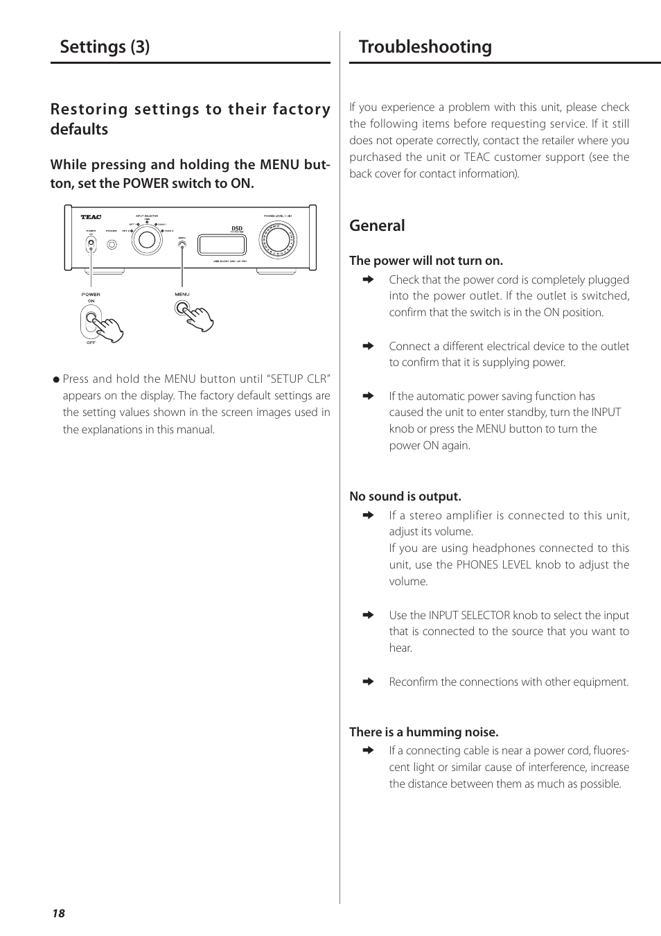 Troubleshooting, Settings (3), Restoring settings to their factory defaults | General | Teac UD-501 User Manual | Page 18 / 60