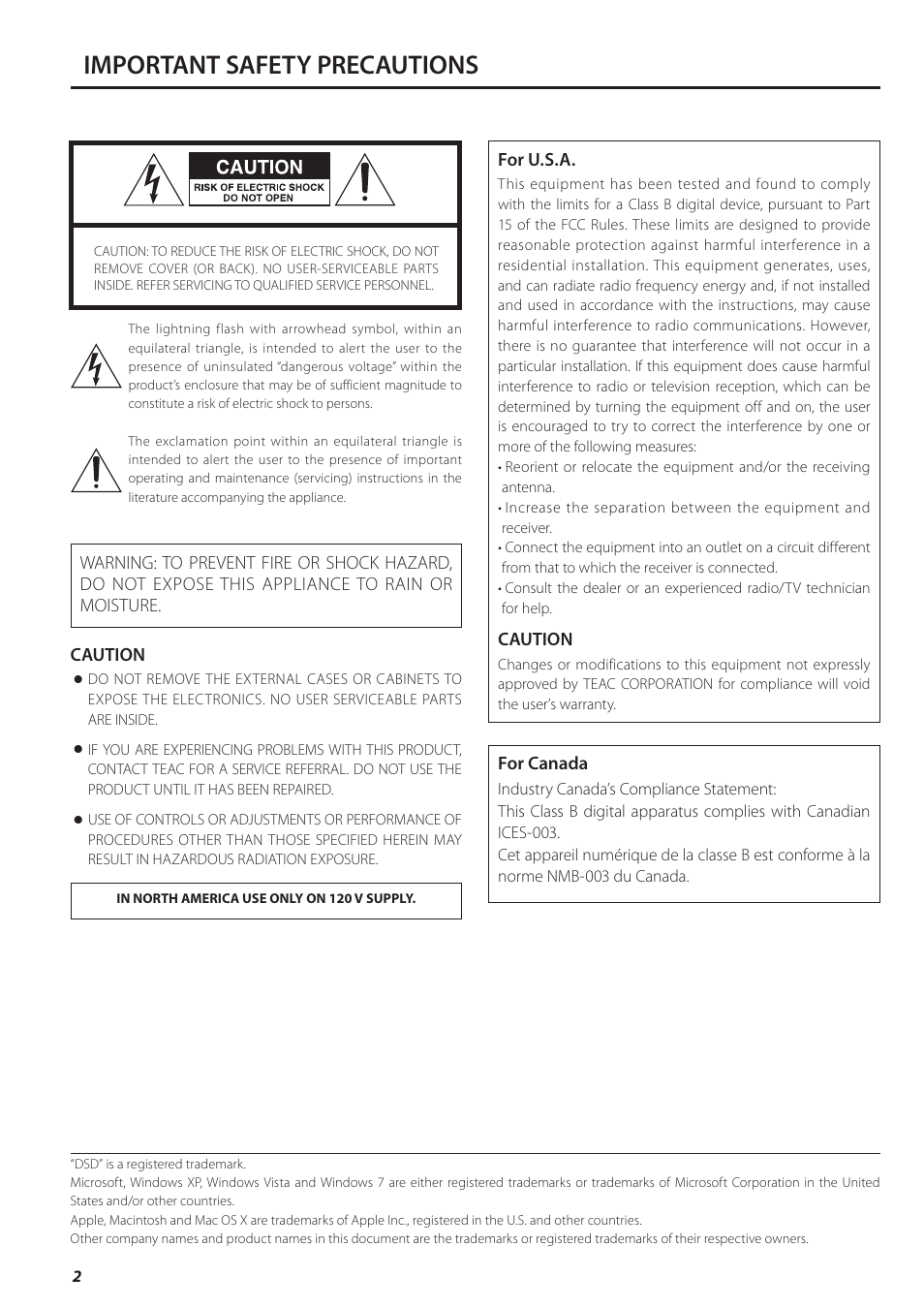 Important safety precautions | Teac UD-501 User Manual | Page 2 / 60