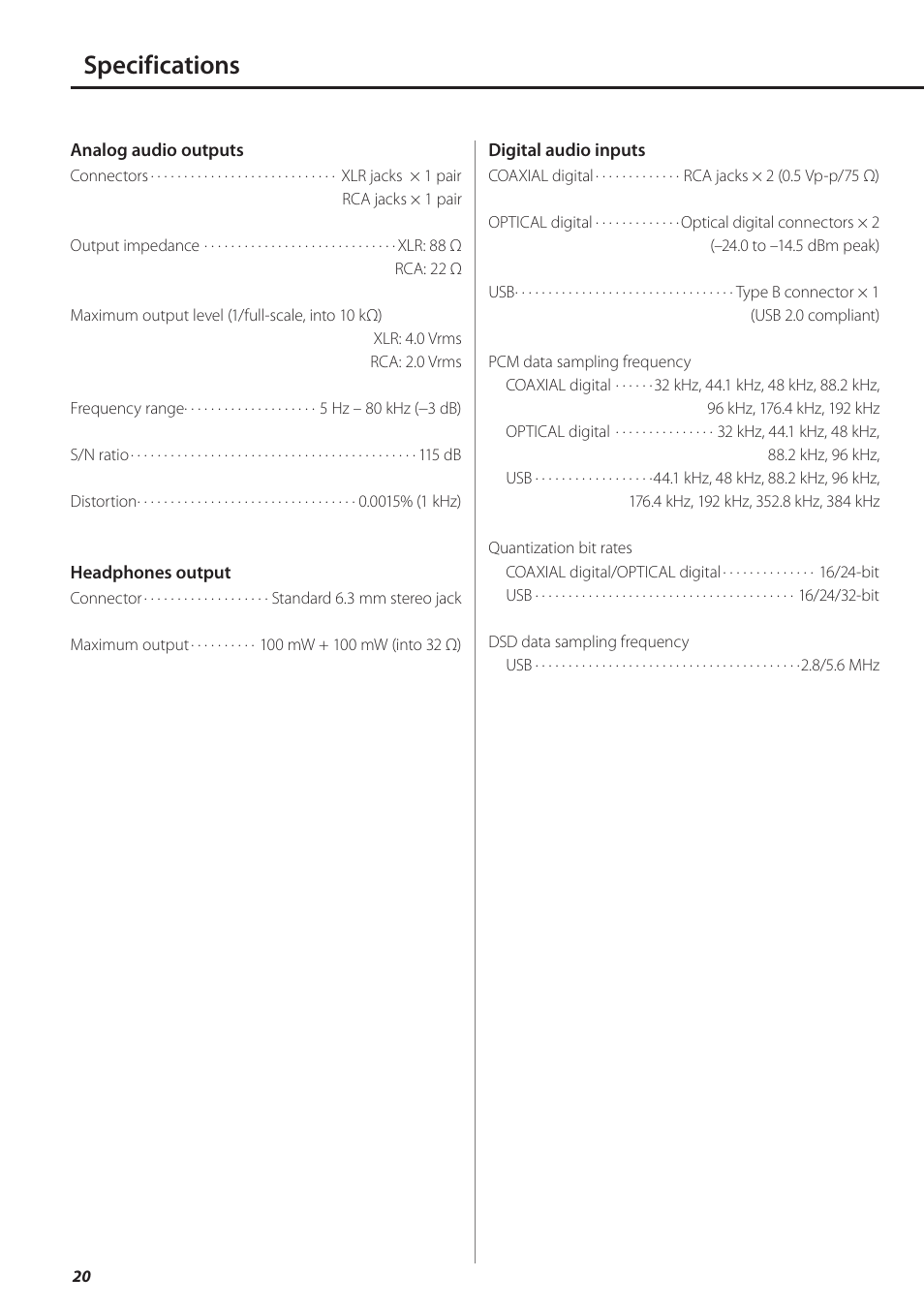 Specifications | Teac UD-501 User Manual | Page 20 / 60