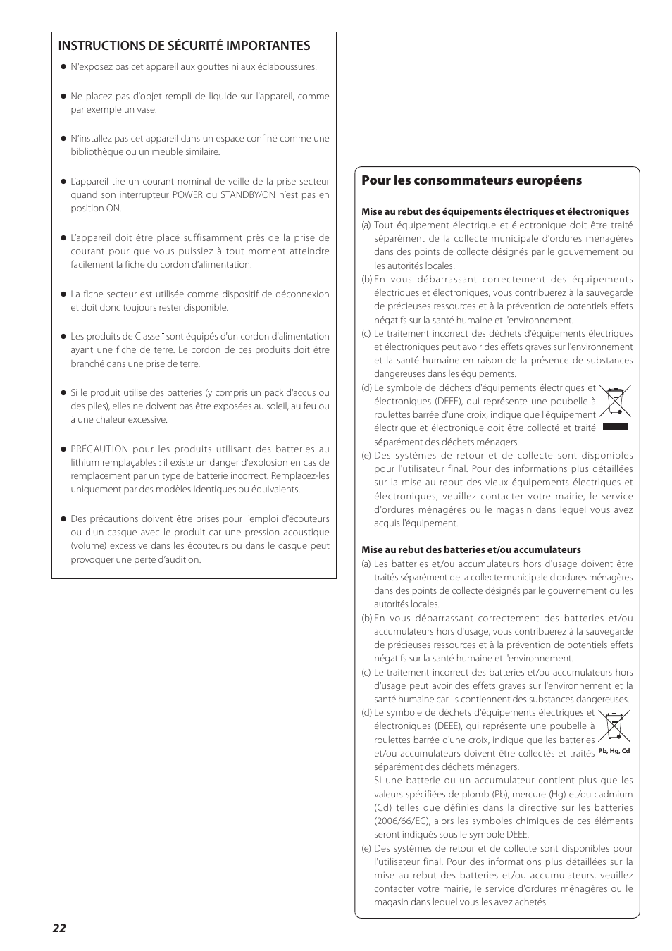 Français, Pour les consommateurs européens, Instructions de sécurité importantes | Teac UD-501 User Manual | Page 22 / 60