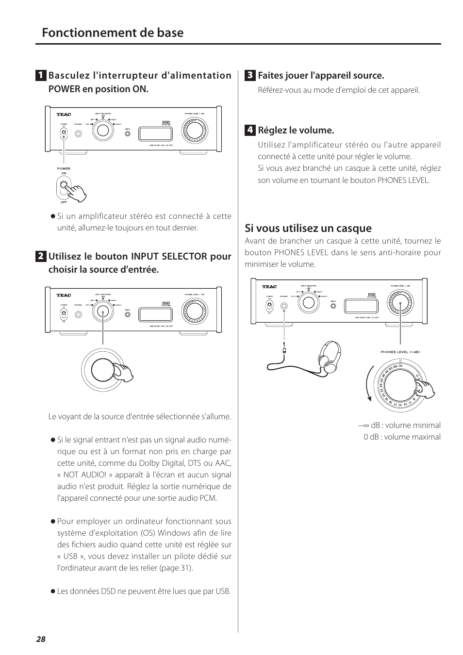 Fonctionnement de base, Si vous utilisez un casque | Teac UD-501 User Manual | Page 28 / 60