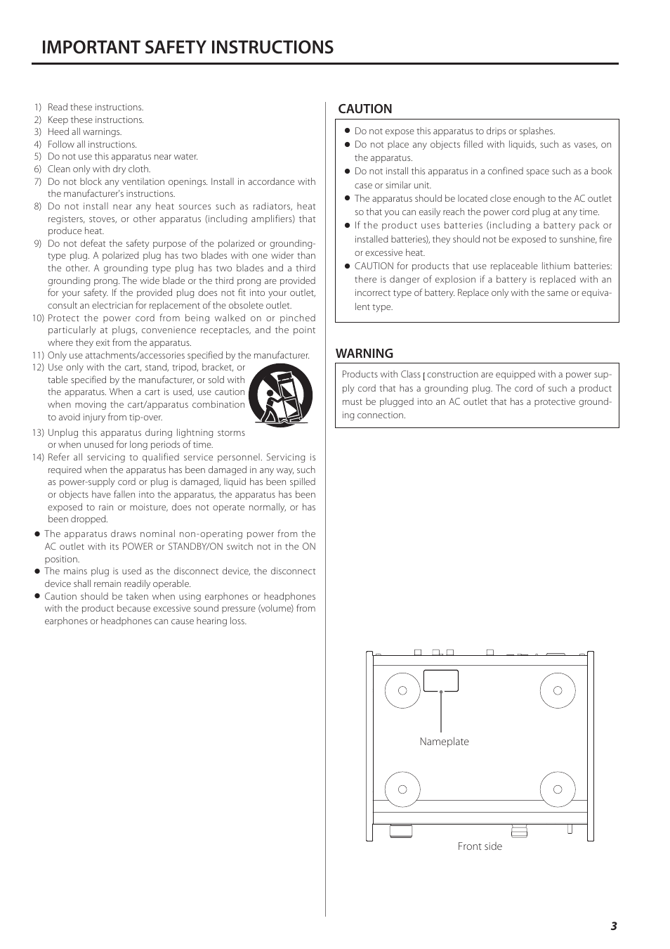 Important safety instructions, Caution warning | Teac UD-501 User Manual | Page 3 / 60