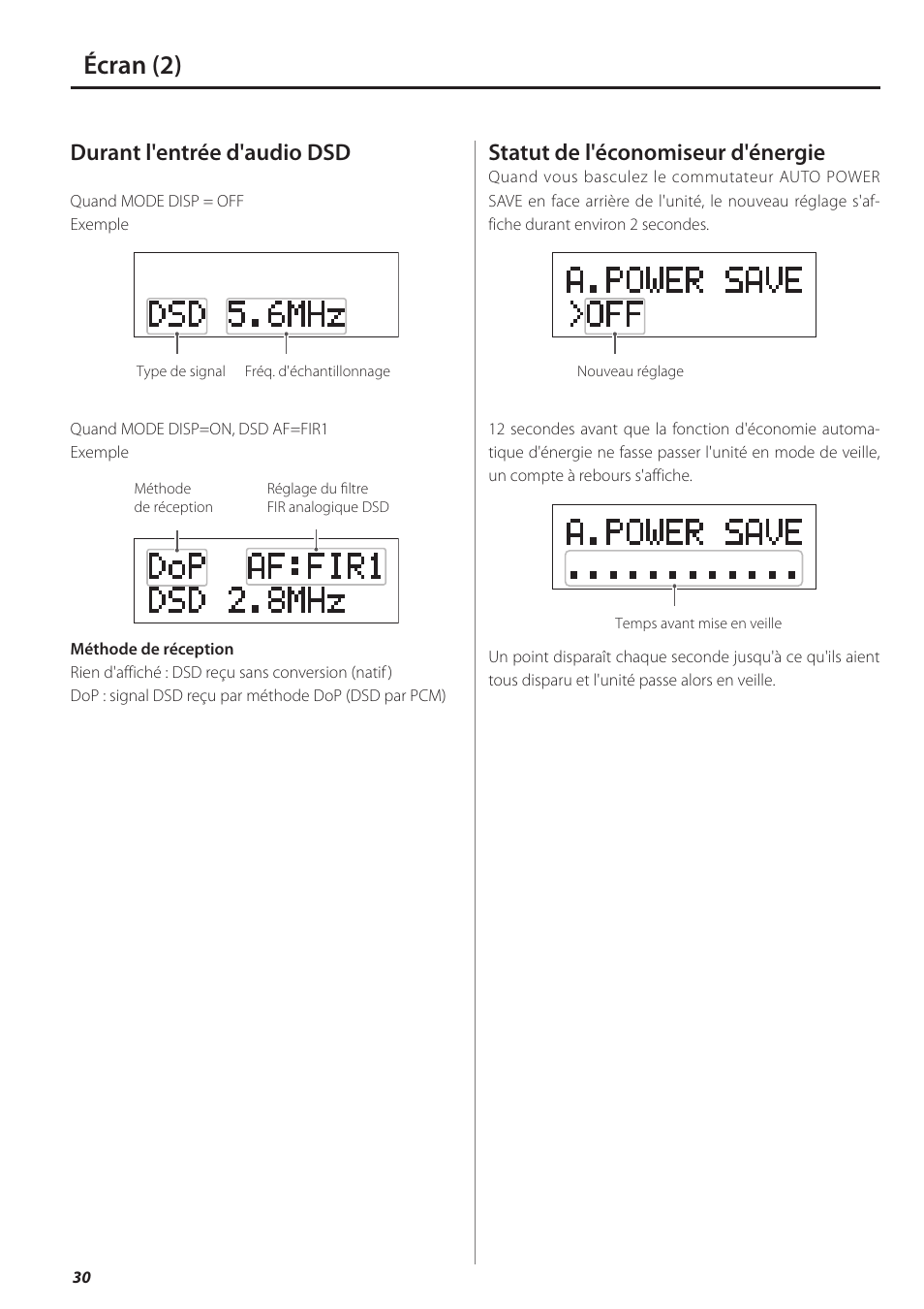 Écran (2), Durant l'entrée d'audio dsd, Statut de l'économiseur d'énergie | Teac UD-501 User Manual | Page 30 / 60