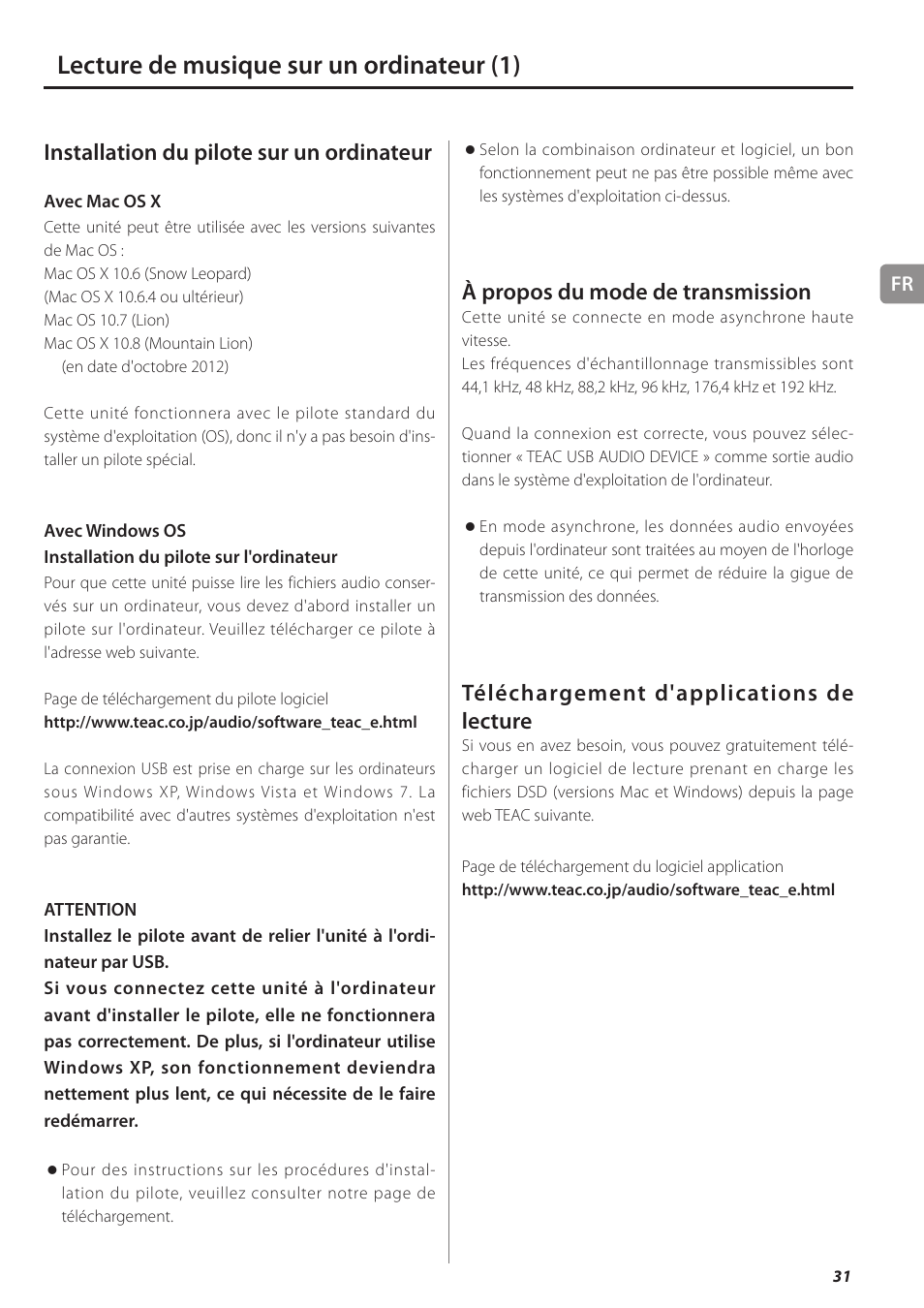 Lecture de musique sur un ordinateur, Lecture de musique sur un ordinateur (1), Installation du pilote sur un ordinateur | À propos du mode de transmission, Téléchargement d'applications de lecture | Teac UD-501 User Manual | Page 31 / 60