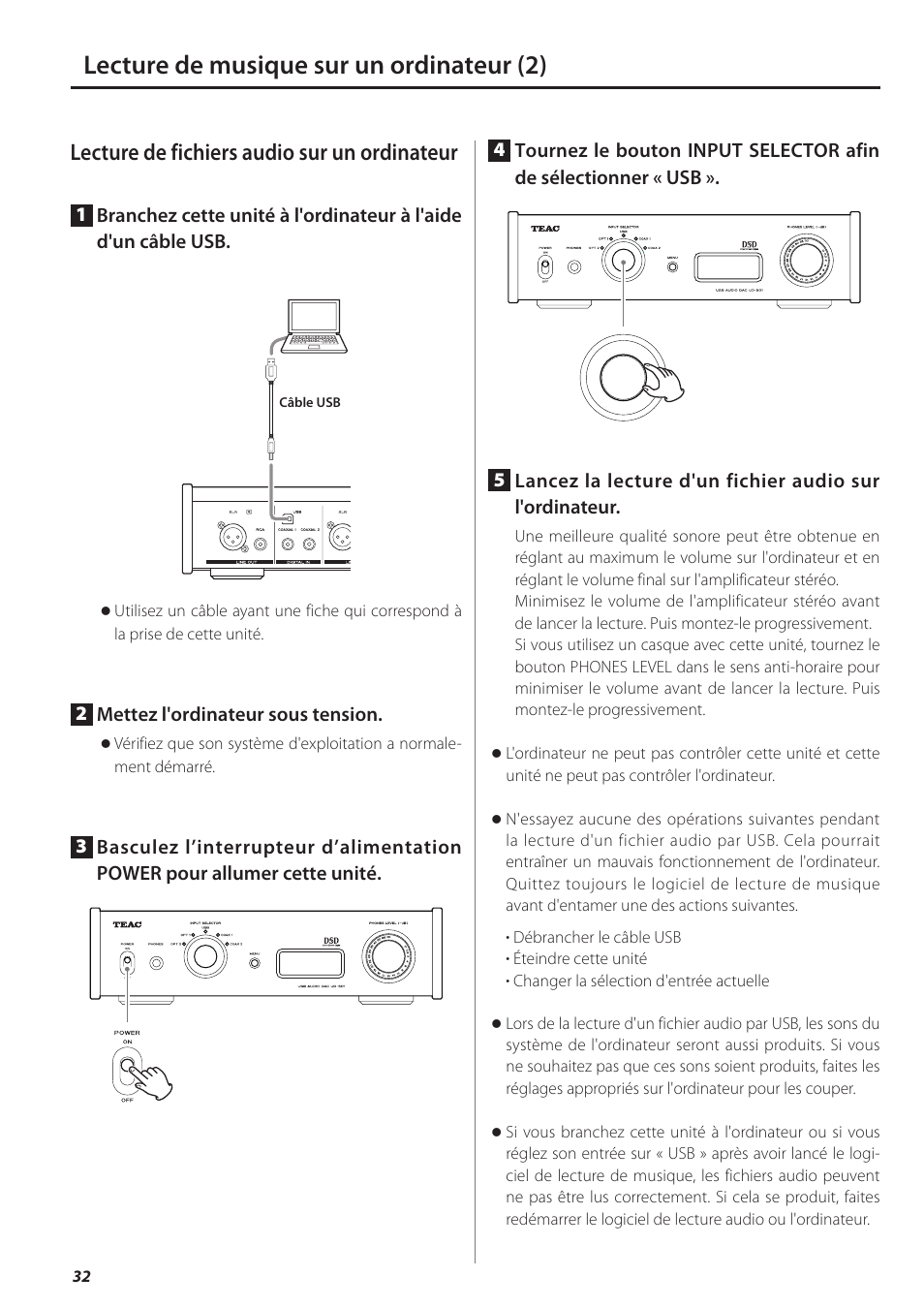 Lecture de musique sur un ordinateur (2), Lecture de fichiers audio sur un ordinateur | Teac UD-501 User Manual | Page 32 / 60