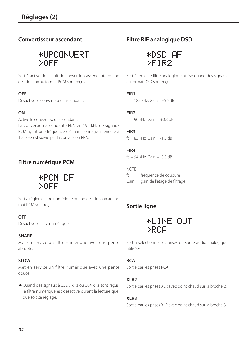 Réglages (2), Convertisseur ascendant, Filtre numérique pcm | Filtre rif analogique dsd, Sortie ligne | Teac UD-501 User Manual | Page 34 / 60