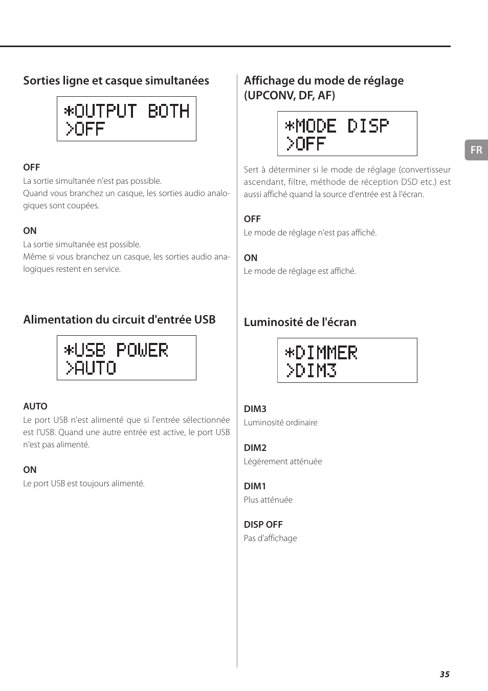 Sorties ligne et casque simultanées, Alimentation du circuit d'entrée usb, Affichage du mode de réglage (upconv, df, af) | Luminosité de l'écran | Teac UD-501 User Manual | Page 35 / 60