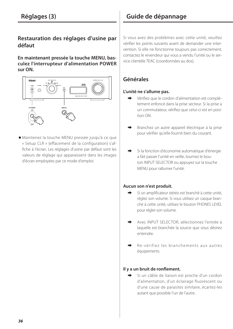 Guide de dépannage, Réglages (3), Restauration des réglages d'usine par défaut | Générales | Teac UD-501 User Manual | Page 36 / 60