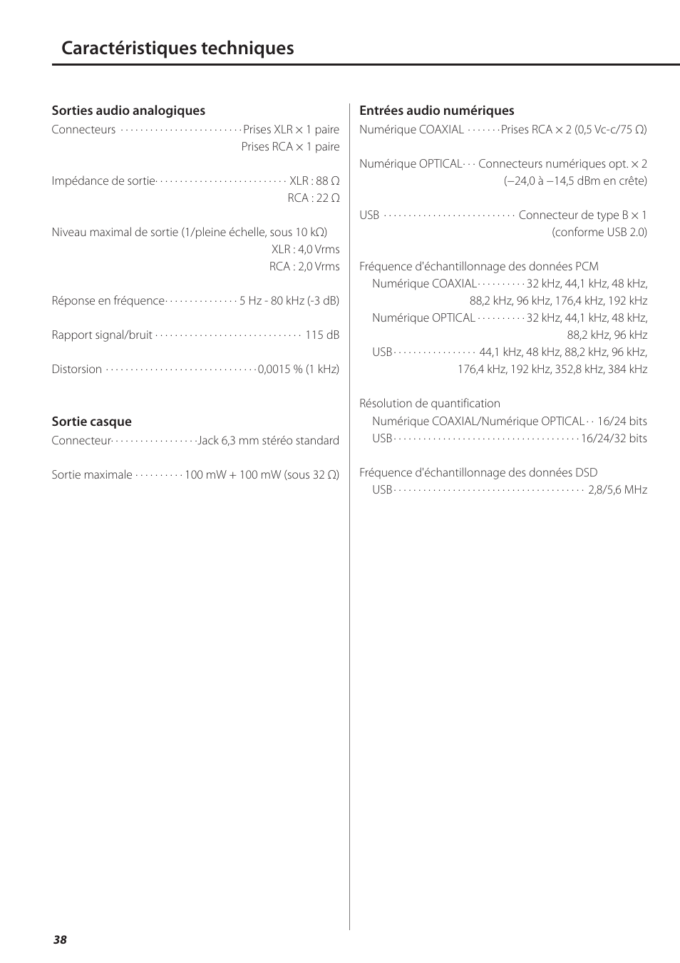 Caractéristiques techniques | Teac UD-501 User Manual | Page 38 / 60