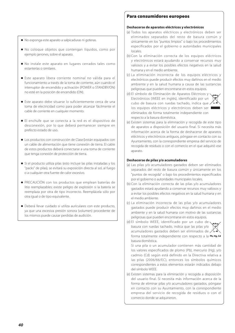 Español, Para consumidores europeos | Teac UD-501 User Manual | Page 40 / 60