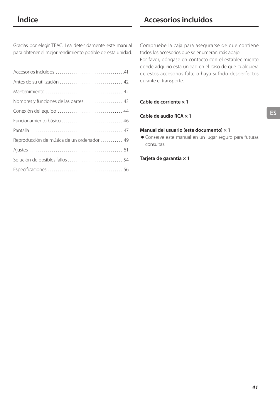 Accesorios incluidos, Índice | Teac UD-501 User Manual | Page 41 / 60