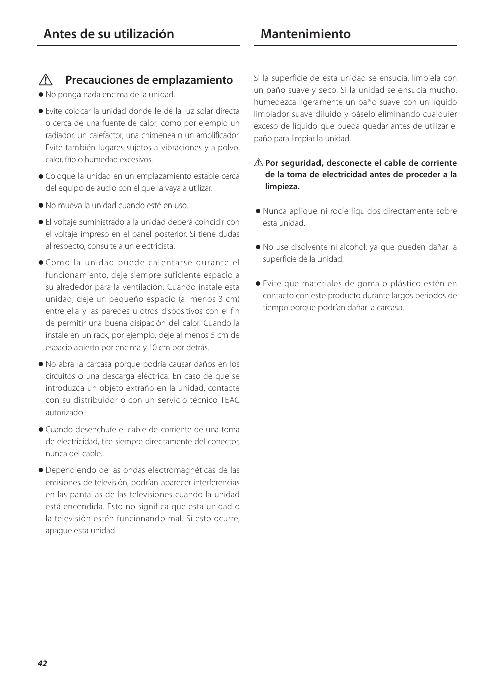 Antes de su utilización, Mantenimiento, Antes de su utilización mantenimiento | Vprecauciones de emplazamiento | Teac UD-501 User Manual | Page 42 / 60