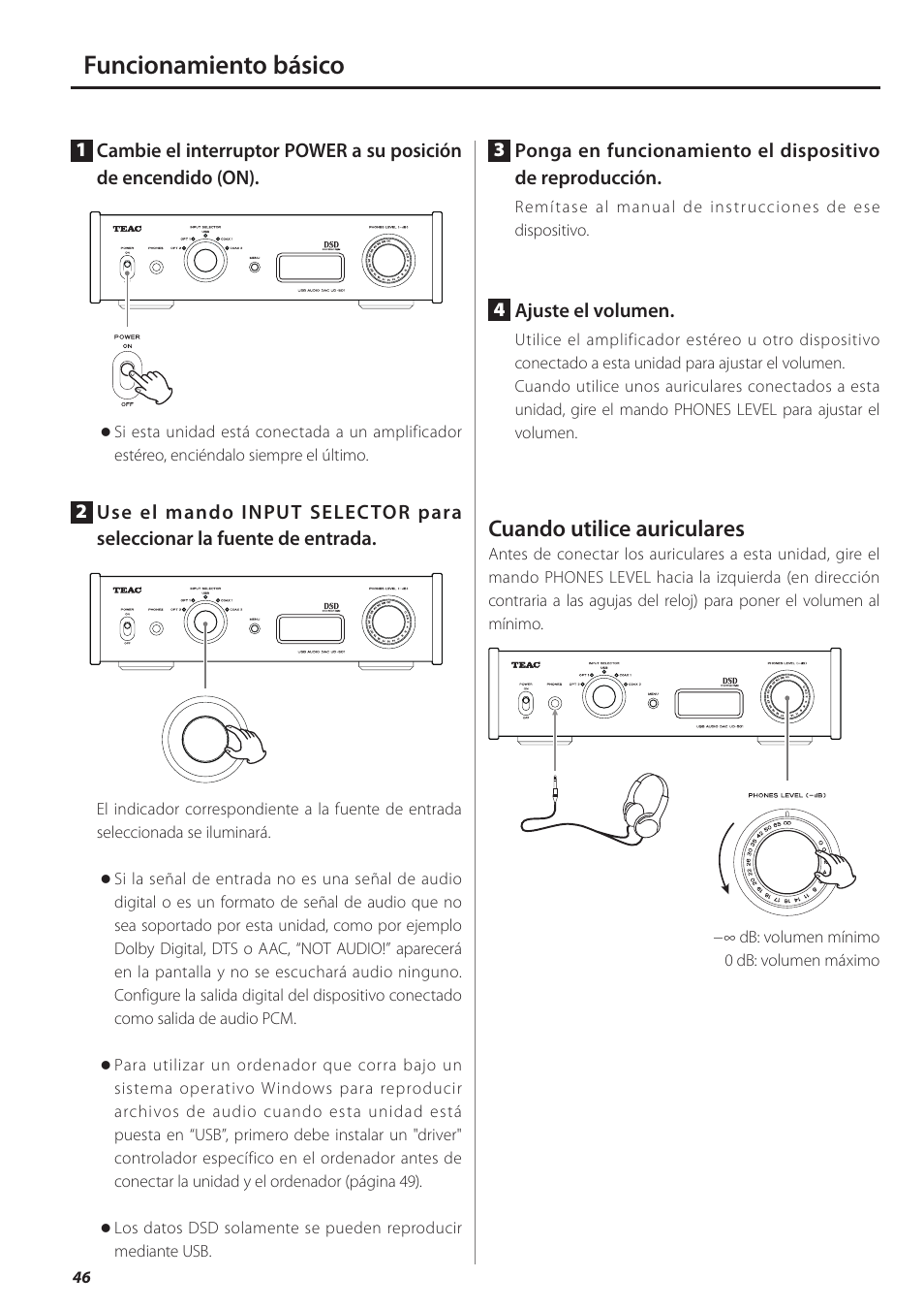 Funcionamiento básico, Cuando utilice auriculares | Teac UD-501 User Manual | Page 46 / 60