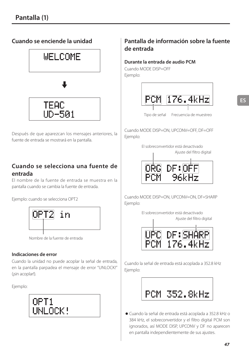 Pantalla, Pantalla (1), Cuando se enciende la unidad | Cuando se selecciona una fuente de entrada, Pantalla de información sobre la fuente de entrada | Teac UD-501 User Manual | Page 47 / 60