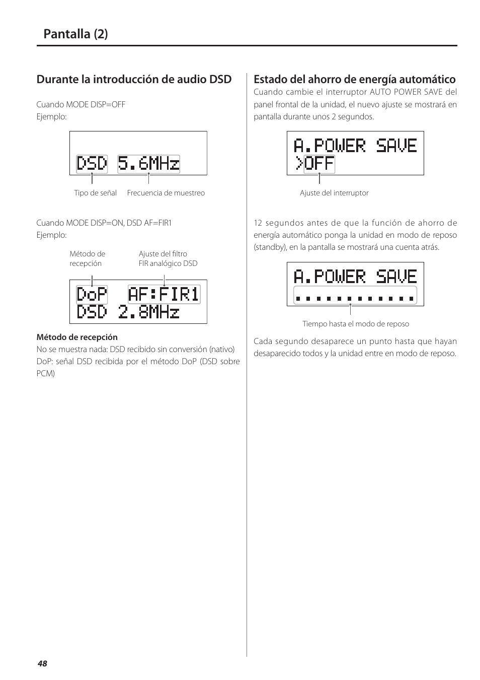 Pantalla (2), Durante la introducción de audio dsd, Estado del ahorro de energía automático | Teac UD-501 User Manual | Page 48 / 60