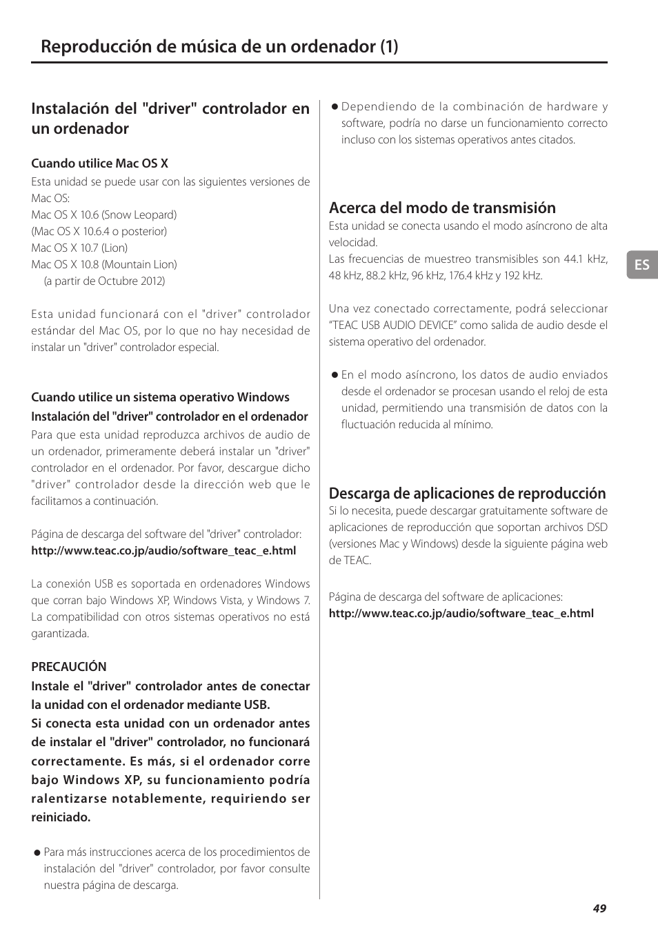 Reproducción de música de un ordenador, Reproducción de música de un ordenador (1), Acerca del modo de transmisión | Descarga de aplicaciones de reproducción | Teac UD-501 User Manual | Page 49 / 60