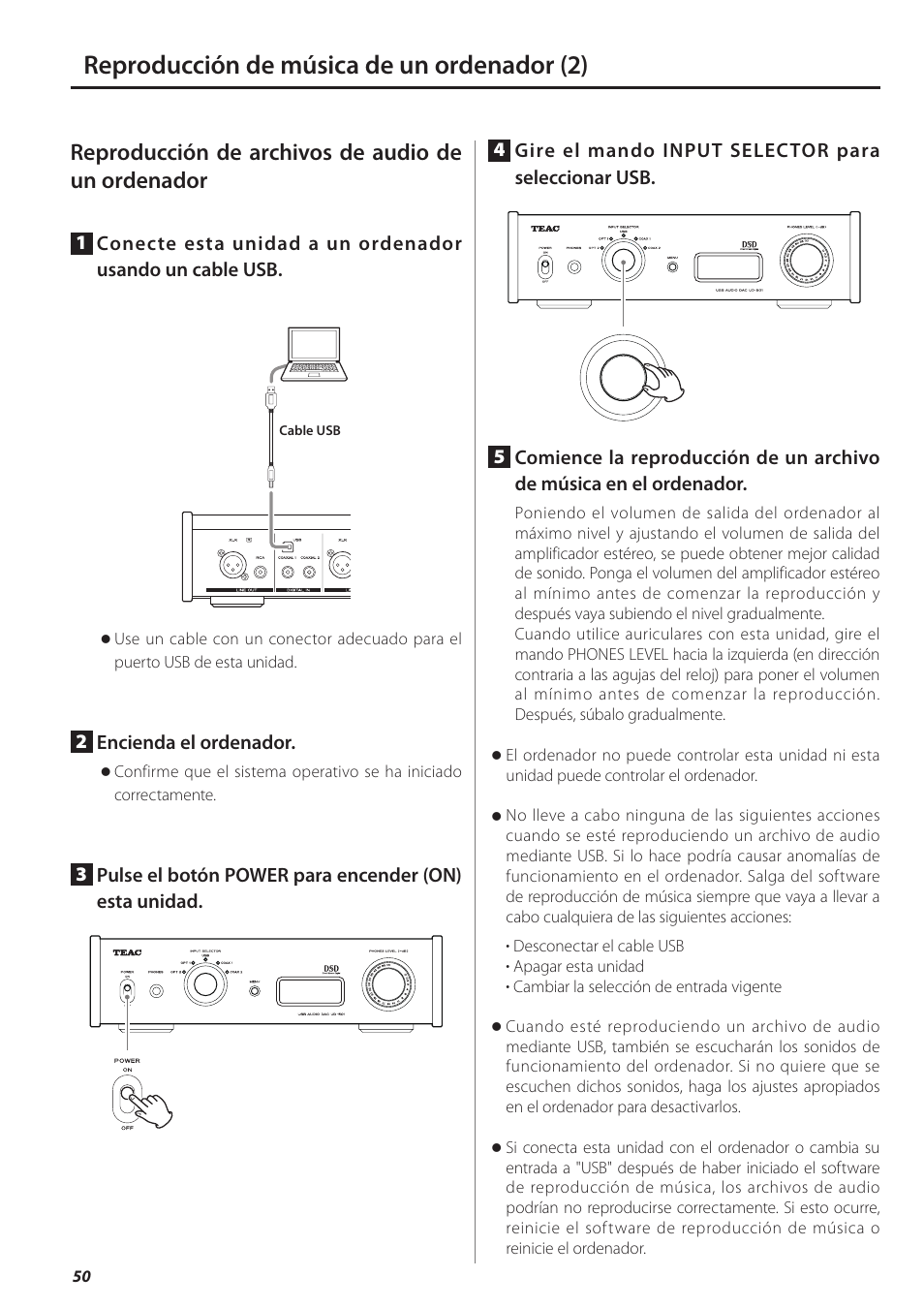 Reproducción de música de un ordenador (2), Reproducción de archivos de audio de un ordenador | Teac UD-501 User Manual | Page 50 / 60