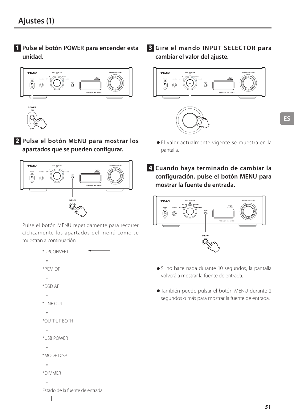 Ajustes, Ajustes (1) | Teac UD-501 User Manual | Page 51 / 60