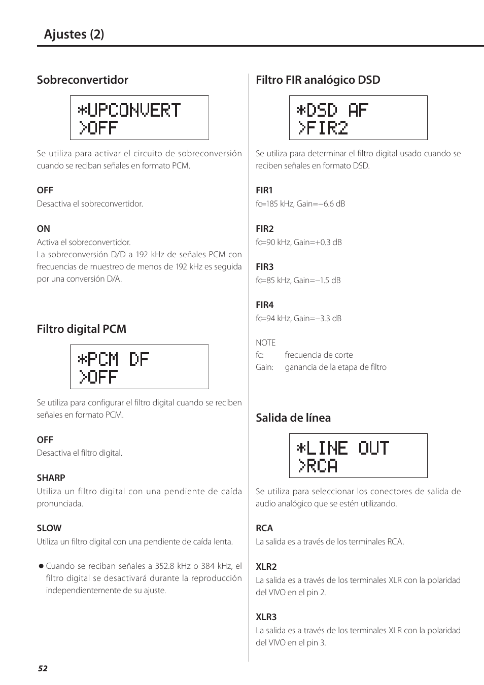 Ajustes (2), Sobreconvertidor, Filtro digital pcm | Filtro fir analógico dsd, Salida de línea | Teac UD-501 User Manual | Page 52 / 60