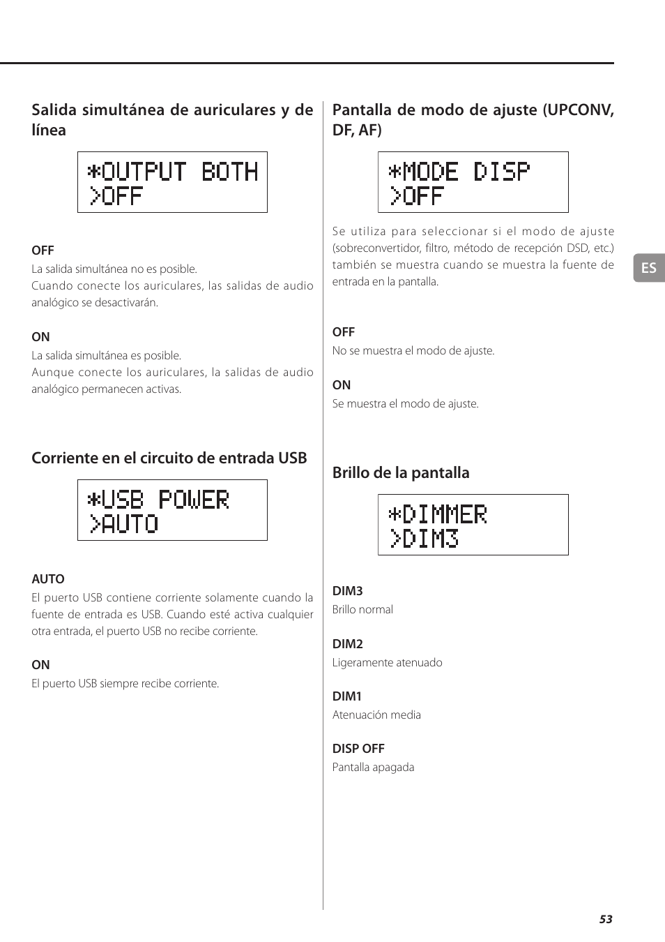 Salida simultánea de auriculares y de línea, Corriente en el circuito de entrada usb, Pantalla de modo de ajuste (upconv, df, af) | Brillo de la pantalla | Teac UD-501 User Manual | Page 53 / 60