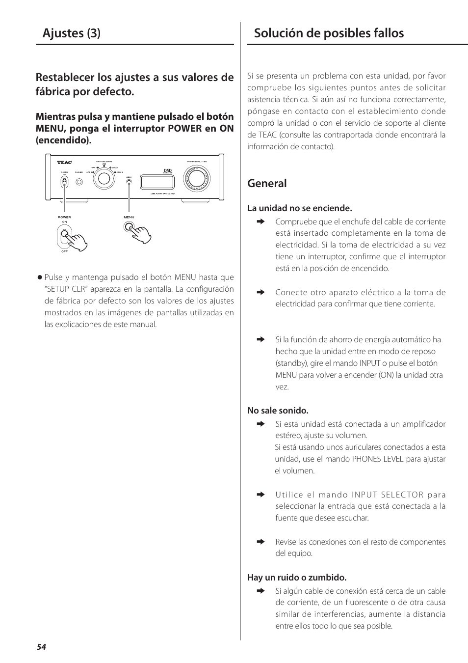 Solución de posibles fallos, Ajustes (3), General | Teac UD-501 User Manual | Page 54 / 60