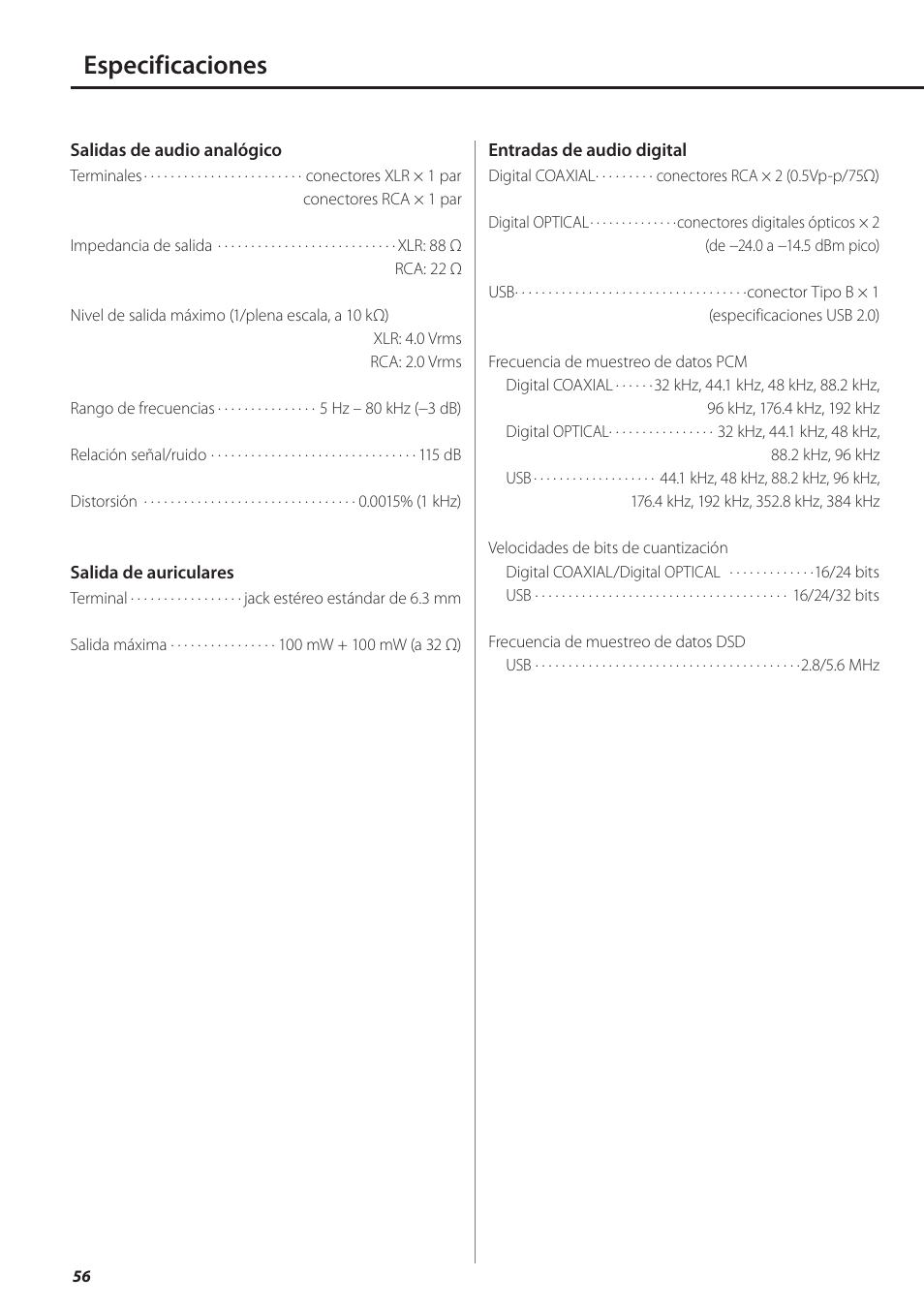 Especificaciones | Teac UD-501 User Manual | Page 56 / 60