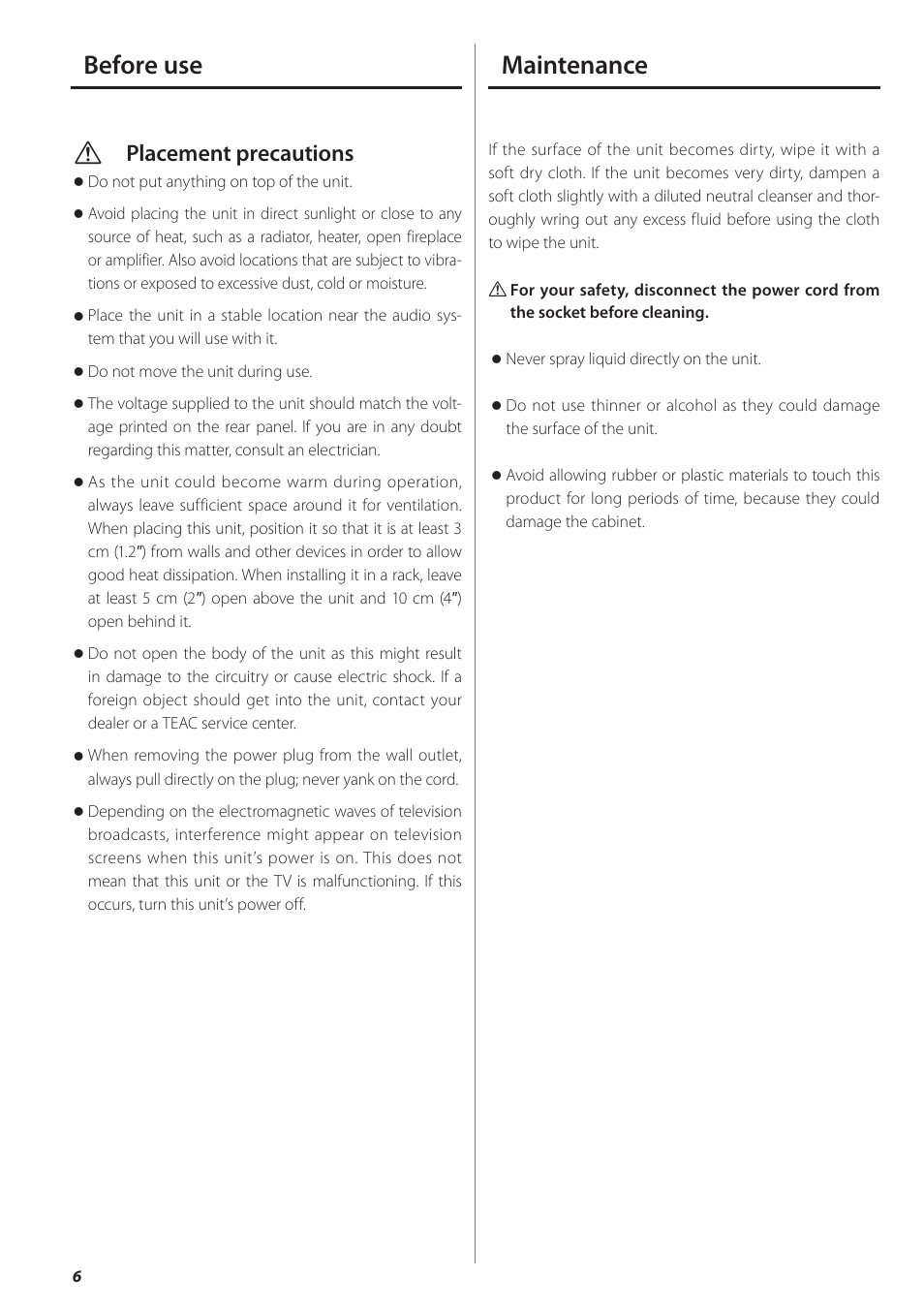 Before use, Maintenance, Before use maintenance | Vplacement precautions | Teac UD-501 User Manual | Page 6 / 60