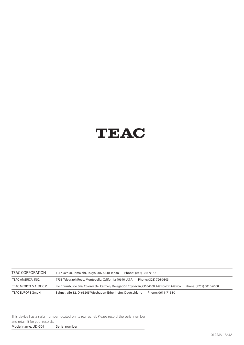 Teac UD-501 User Manual | Page 60 / 60